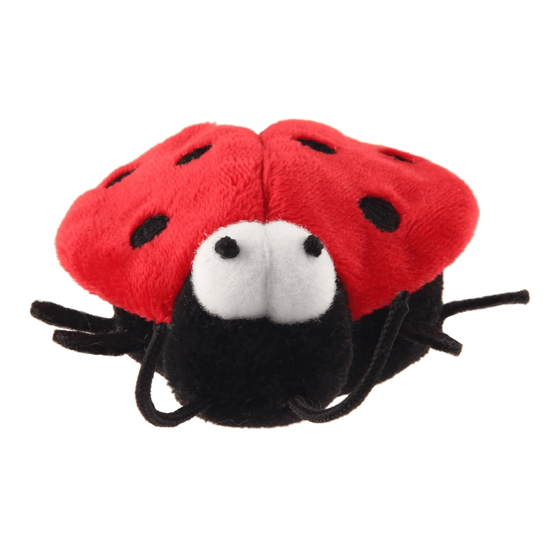 Front view of plush Ladybird cat toy with black head, antenna and legs, white plush eyes and a red wings with three spots on either side pictured on a white background. 