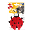 Plush Ladybird cat toy with black head, antenna and legs, white plush eyes and a red wings with three spots on either side. Shown on a cardboard backing which pictures a tabby kitten and text which says 'Melody chaser', 'Reacts to the slightest touch'. All pictured on a white background. 