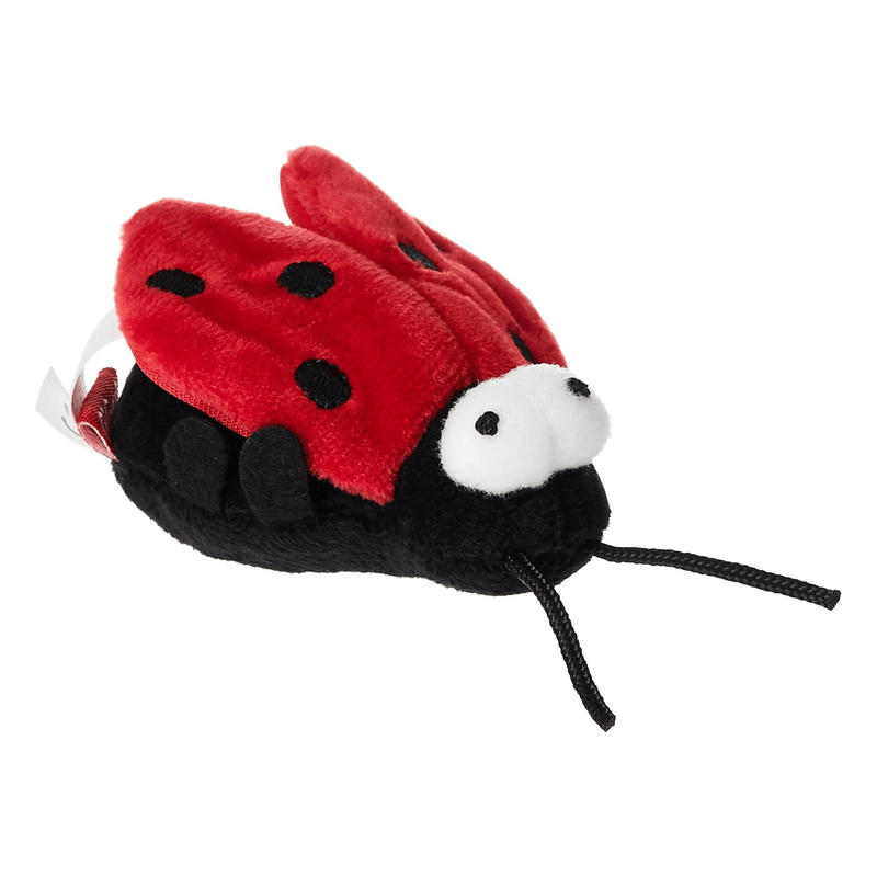 Side view of plush Ladybird cat toy with black head, antenna and legs, white plush eyes and a red wings with three spots on either side on a white background. 