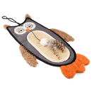 Laid flat owl shaped cat scratcher, dominantly grey body with a sisal canvas belly, with orange beak and feet, fluffy brown ears and wings with a white pom pom and feather on a string attached pictured on a white background. 