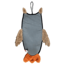 Rear view of owl shaped cat scratcher, dominantly grey back with a grippy dots, with orange feet, fluffy brown ears and wings pictured on a white background. 