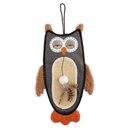Owl shaped cat scratcher, dominantly grey body with a sisal canvas belly, with orange beak and feet, fluffy brown ears and wings with a white pom pom and feather on a string attached pictured on a white background. 