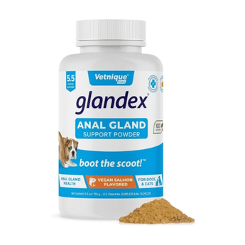 White background with a blue and white tub of Glandex Anal Gland Support Powder. On the tub is a picture of a bull dog with its bottom pointed forwards. Additional text states 'Boot the scoot!' and 'Anal gland health, Vegan Salmon Flavoured, for cats and dogs.' In the foreground is a small pile of the powder. 
