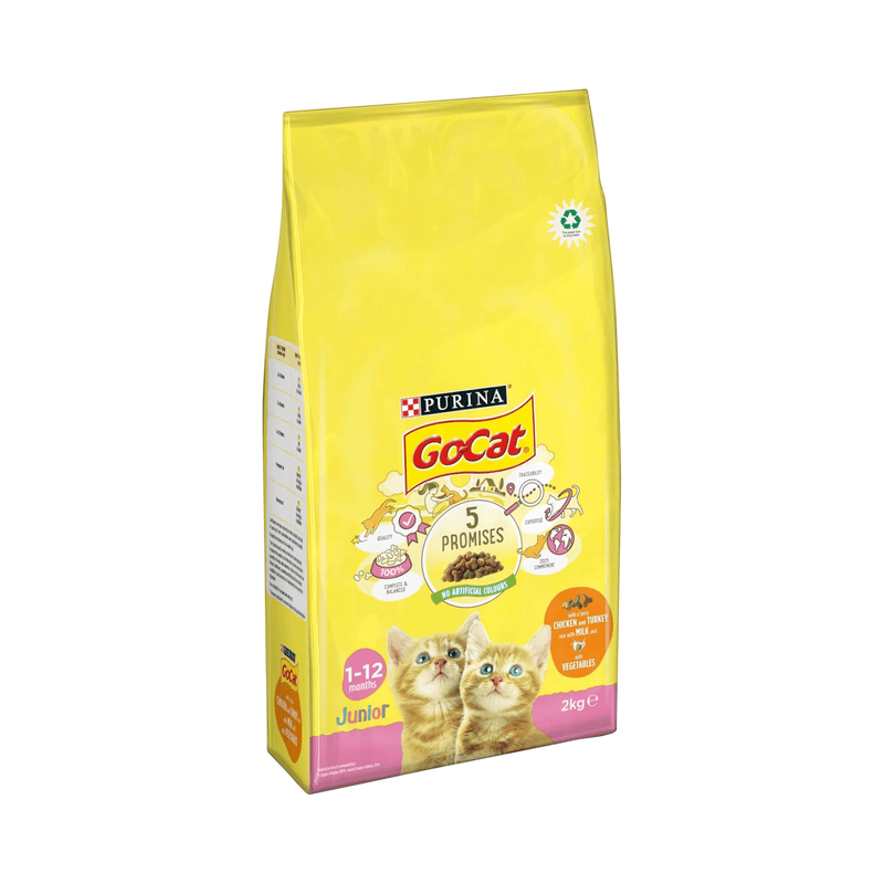 Yellow bag of GoCat cat food with Purina logo on a white background