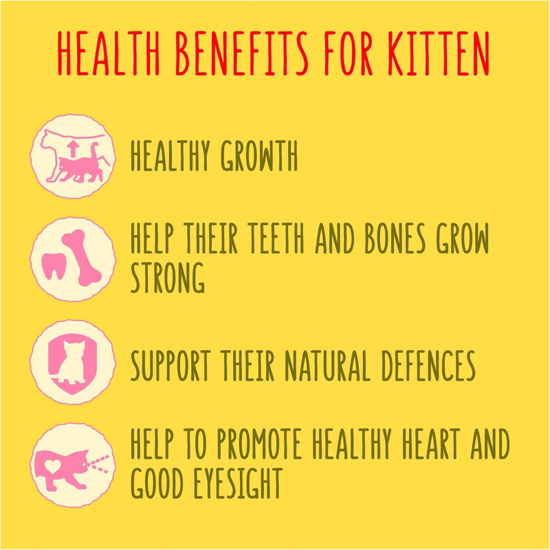 Health benefits for kittens listed on a yellow background with icons.
