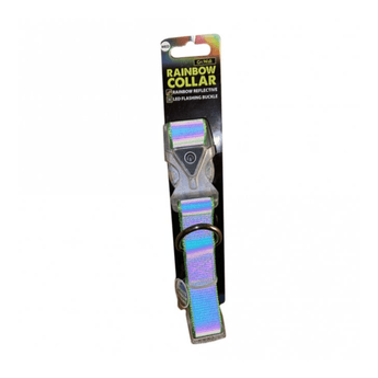 White background with a Rainbow reflective dog collar attached to a cardboard backing which states 'Medium Go Walk Rainbow Collar'. 