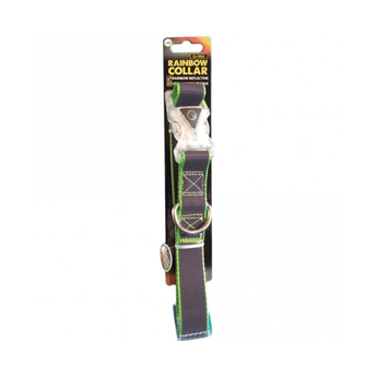 White background with a Rainbow reflective dog collar attached to a cardboard backing which states 'Large Go Walk Rainbow Collar'. 