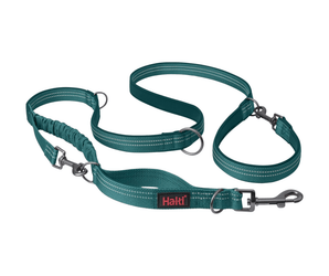 White background with a Teal Halti Anatomy Multi Lead with a metal clips and loops. 