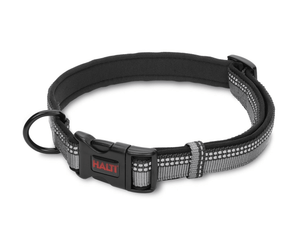 White background with a Halti Black Comfort Collar with a black plastic buckle and loop.