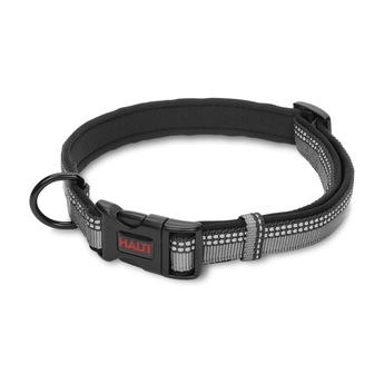 White background with a Halti Black Comfort Collar with a black plastic buckle and loop.