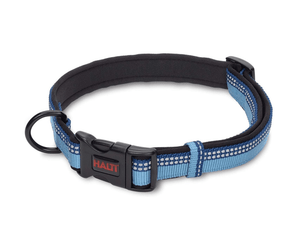 White background with a Halti Blue Comfort Collar with a black plastic buckle and loop. 