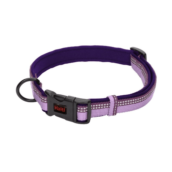 White background with a Halti Purple Comfort Collar with a black plastic buckle and loop. 
