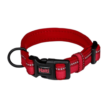 White background with a Halti Red Comfort Collar with a black plastic buckle and loop. 