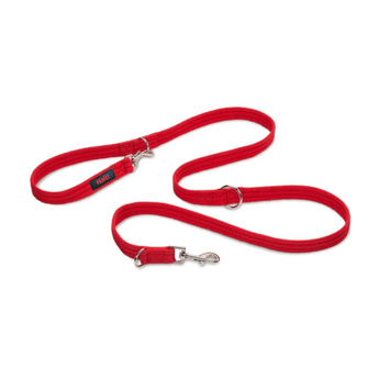 White background with a Red Halti Training Lead with a metal clips and loops. 