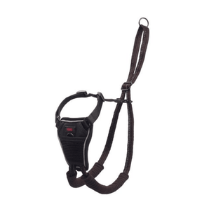 White background with a Black Halti 'No Pull' Harness with a metal clips and loops. 