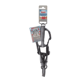 White background with a black and grey Halti Walking Harness with a metal clips and loops, attached to a cardboard tag. 