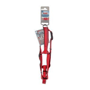 White background with a Red Halti Walking Harness with a metal clips and loops, attached to a cardboard tag. 