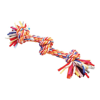 A multi-coloured twisted rope dog toy with knotted ends and one in the centre, shown on a plain white background.