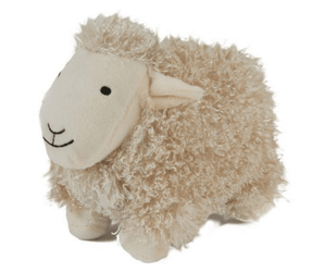 A small Happy Pet plush sheep toy with curly cream-colored wool and a smooth cream face, photographed on a plain white background.