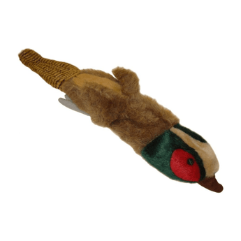 A Happy Pet plush pheasant toy bird with brown fur, a red face patch, green neck, and cream crest, isolated on a white background.