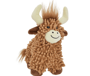 A plush Highland cow toy with a shaggy brown textured body, cream-colored horns and snout, and dark brown ears and hooves, shown on a plain white background.