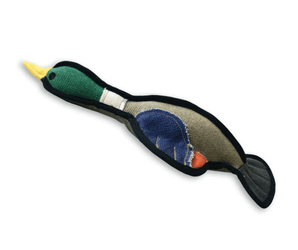 A Happy Pet duck-shaped dog toy made of fabric with a green head, blue body, tan belly, yellow beak, and black trim, shown on a plain white background.