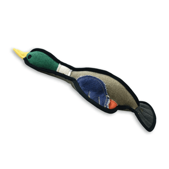 A Happy Pet duck-shaped dog toy made of fabric with a green head, blue body, tan belly, yellow beak, and black trim, shown on a plain white background.
