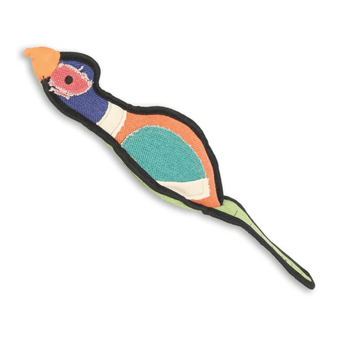 A Happy Pet pheasant-shaped dog toy made of fabric with a blue head, orange body, green belly and tail, yellow beak, and black trim, shown on a plain white background.