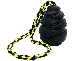 A black Grrrelli Rope Tugger Dog Toy textured rubber dog toy with a braided rope handle in black, yellow, and green, isolated on a white background.