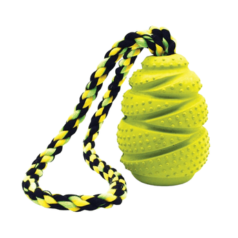 A lime green Grrrelli Rope Tugger Dog Toy textured rubber dog toy with a braided rope handle in black, yellow, and green, isolated on a white background.