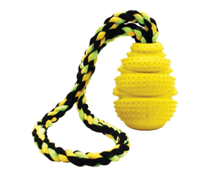 A yellow Grrrelli Rope Tugger Dog Toy textured rubber dog toy with a braided rope handle in black, yellow, and green, isolated on a white background.