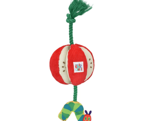 A colourful Apple shaped Happy Pet plush tugger Hungry Caterpillar toy with a rope attachment and a Hungry Caterpillar dangling from the end of the rope. 
