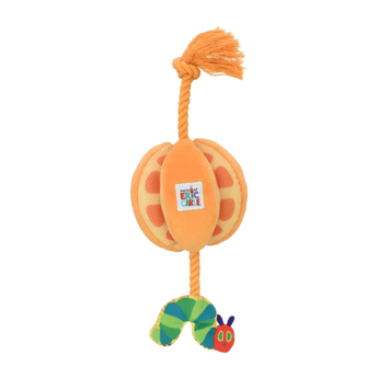 A colourful Orange shaped Happy Pet plush tugger Hungry Caterpillar toy with a rope attachment and a Hungry Caterpillar dangling from the end of the rope. 