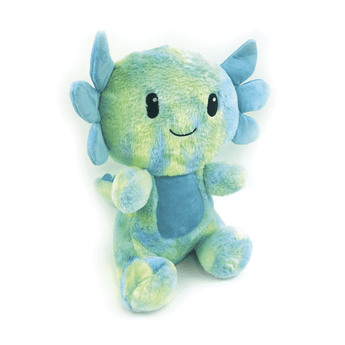 A Happy Pet Jumbo Axolotl plush dog toy with a blue and green tie-dye pattern, featuring a smiling face, black eyes, and small blue crests on its head, set against a plain white background.
