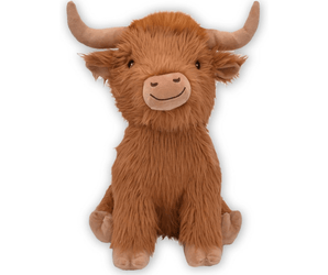 White background with a Happy Pet brown highland Cow with a fluffy body and head with horns and stitched features.