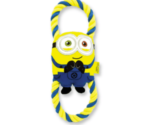 White background with a blue and yellow Happy Pet Minion dog toy with tug ropes at the top and bottom.