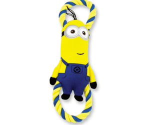White background with a blue and yellow Happy Pet Minion dog toy with tug ropes at the top and bottom.