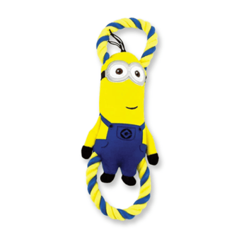 White background with a blue and yellow Happy Pet Minion dog toy with tug ropes at the top and bottom.