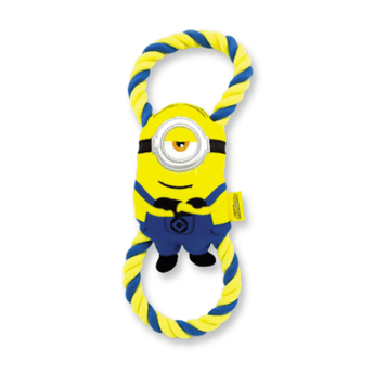 White background with a blue and yellow Happy Pet Minion dog toy with tug ropes at the top and bottom.