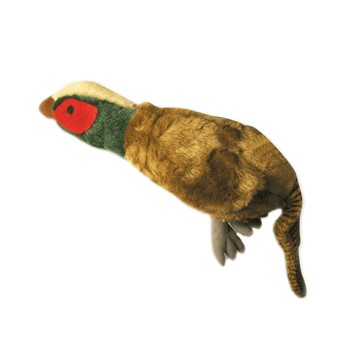 A Happy Pet plush pheasant toy bird with brown fur, a red face patch, green neck, and cream crest, isolated on a white background.