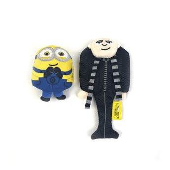 Two plush cat toys shaped like Minions and Gru from Despicable Me, shown on a plain white background.