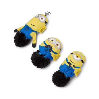 Three yellow Minion plush toys, with small yellow tags reading 'minions', shown on a plain white background.