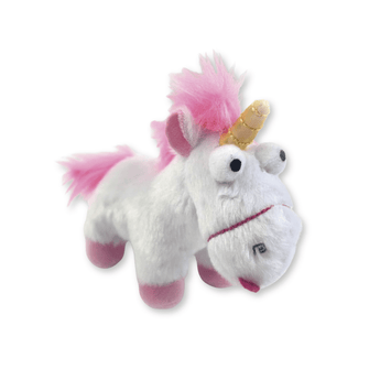 A plush unicorn toy with a white body, fluffy pink mane and tail, pink hooves, and a small gold horn on its forehead, photographed on a clean white background.