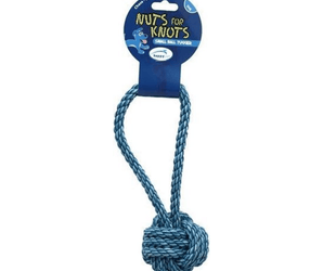 White background with an blue rope ball with a long rope handle.