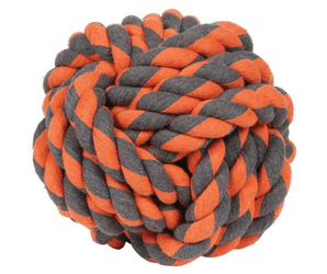 White background with an orange and grey rope ball. 