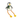 White background with grey and cream penguin with long orange and yellow rope legs wearing a green scarf. 