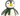 White background with a close up of a  rey and cream penguin with long orange and yellow rope legs wearing a green scarf. 