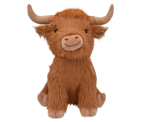 White background with a small Happy Pet brown highland Cow with a fluffy body and head with horns and stitched features.