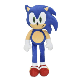A jumbo plush dog toy of Sonic the Hedgehog, featuring his classic blue body, cream-colored face and belly, white gloves, and red-and-white striped shoes, set against a plain white background.