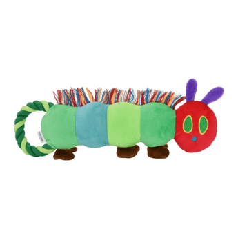 A colourful Happy Pet plush tugger Hungry Caterpillar toy with green and light blue segments, a red head, purple antennae, brown legs, and multicolored fringe on its back, shown on a plain white background.
